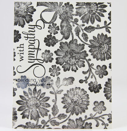 Sympathy card featuring black floral lace stamping by Taheerah Atchia