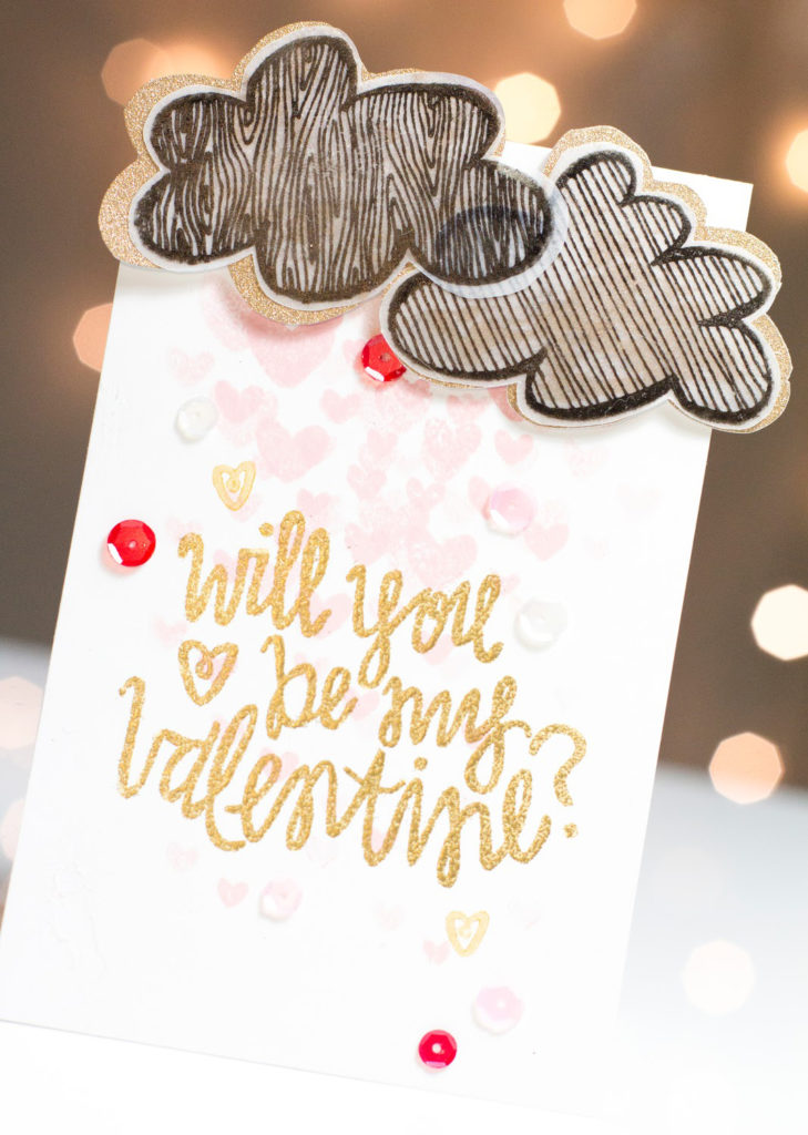 Will You Be My Valentine card by Taheerah Atchia featuring layered clouds and shower of hearts