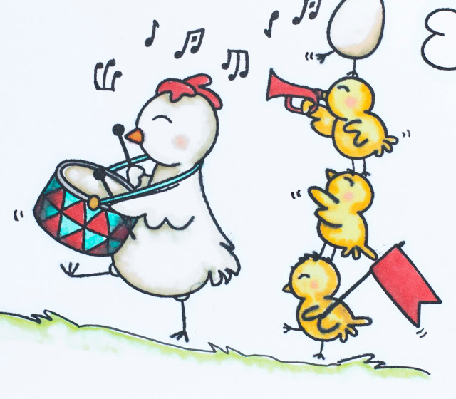 Close up of card featuring parade of chickens playing music