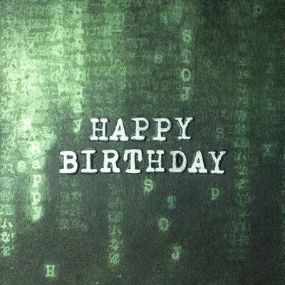 Close-up of geeky Matrix birthday card by Taheerah Atchia