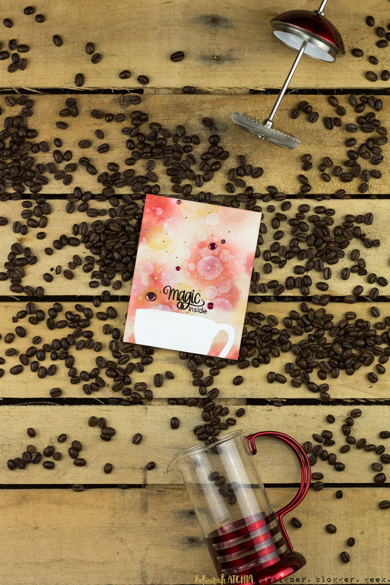 Polka Stencil Magic Inside Coffee Cup Bokeh Card by Taheerah Atchia