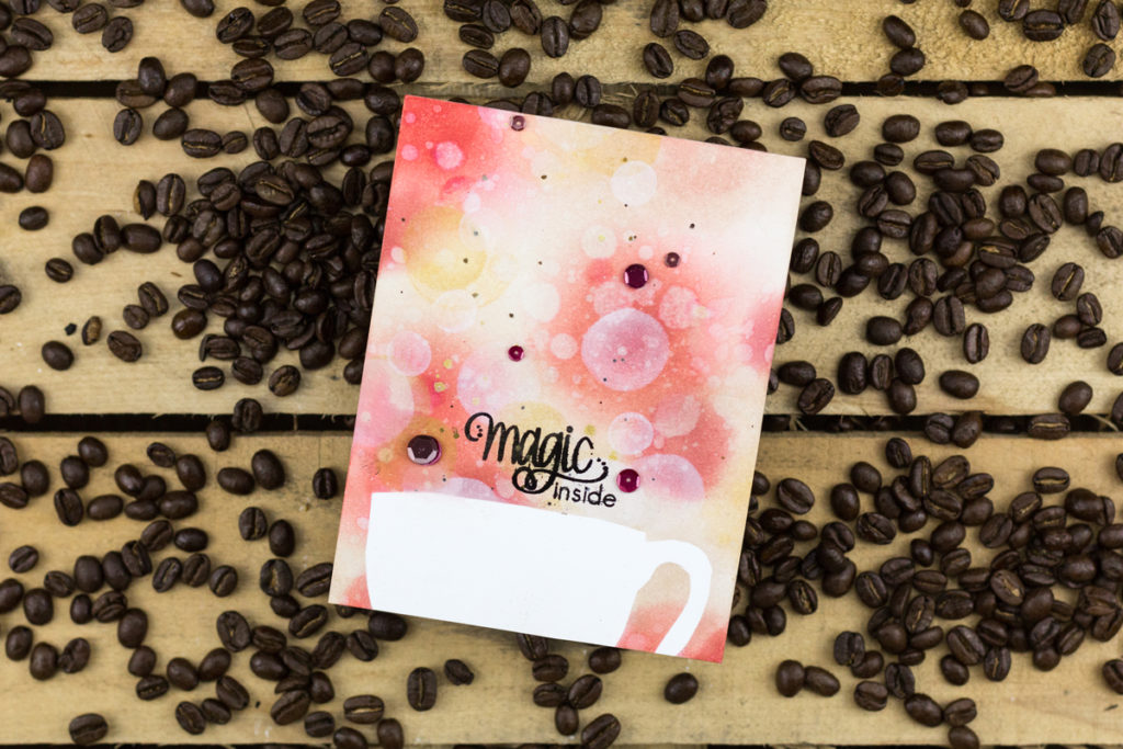 Polka Stencil Magic Inside Coffee Cup Bokeh Card by Taheerah Atchia