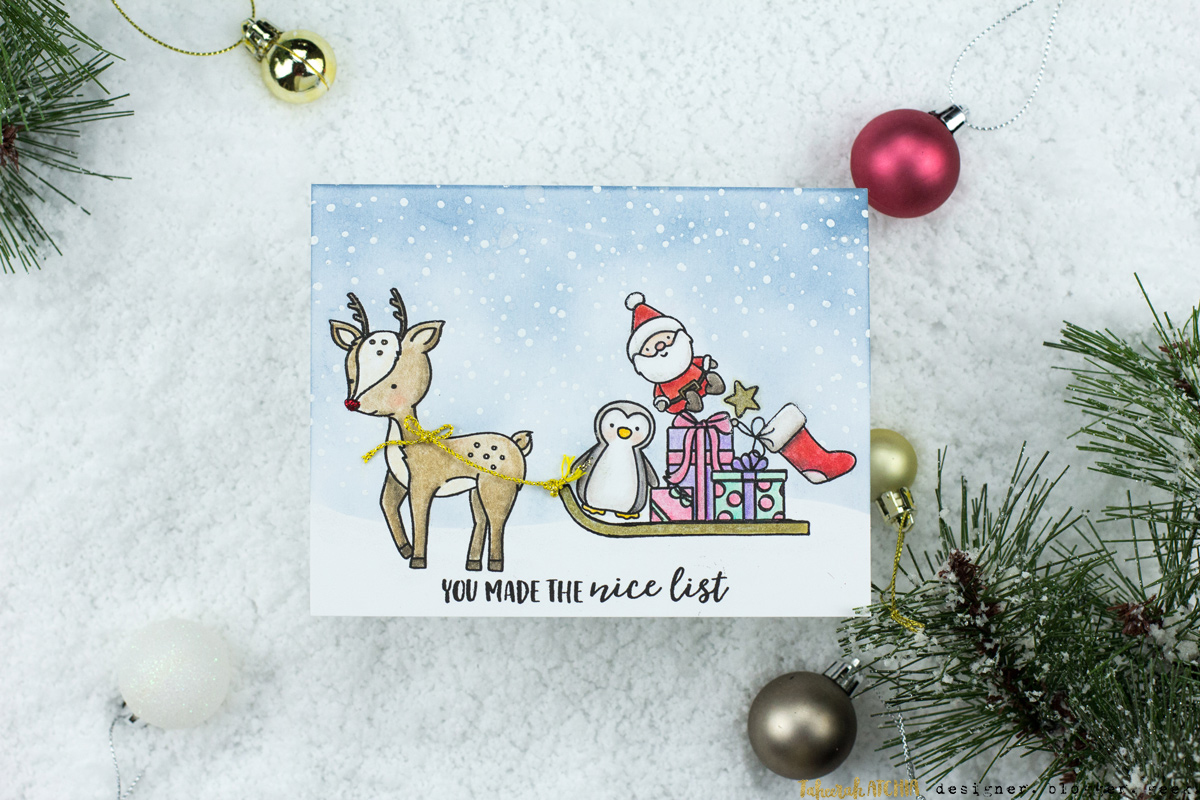 Nice List Presents Sled Scene Christmas Card by Taheerah Atchia