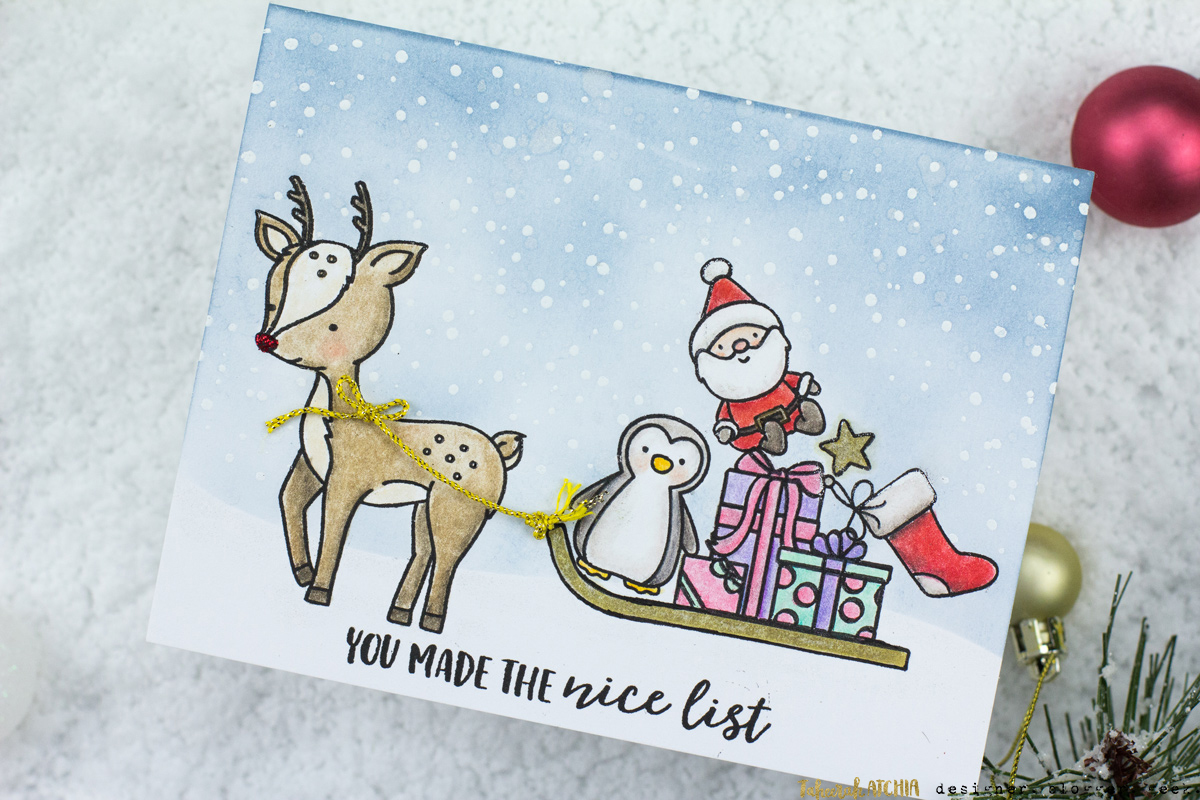 Nice List Presents Sled Scene Christmas Card by Taheerah Atchia