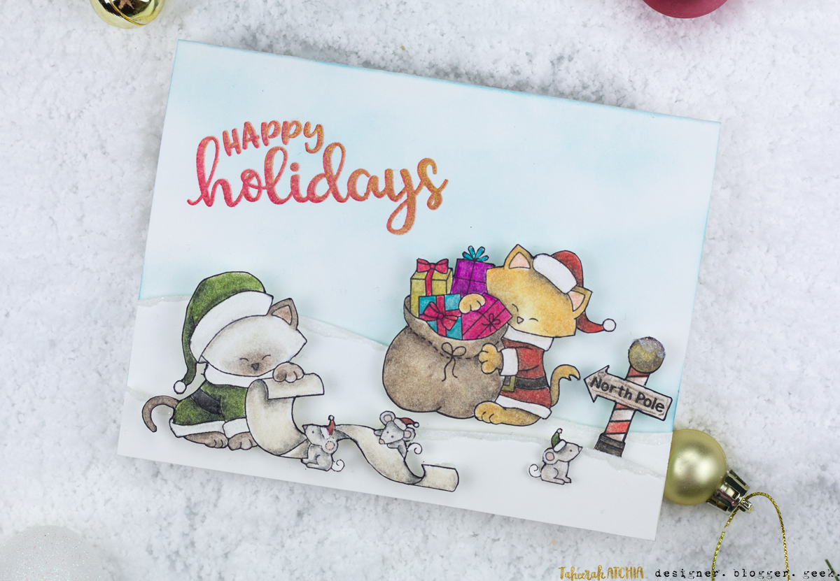 Happy Holidays Santa Cat Christmas Card by Taheerah Atchia