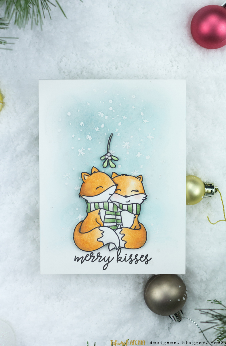 Merry Kisses Cute Foxes Mistletoe Christmas Card by Taheerah Atchia