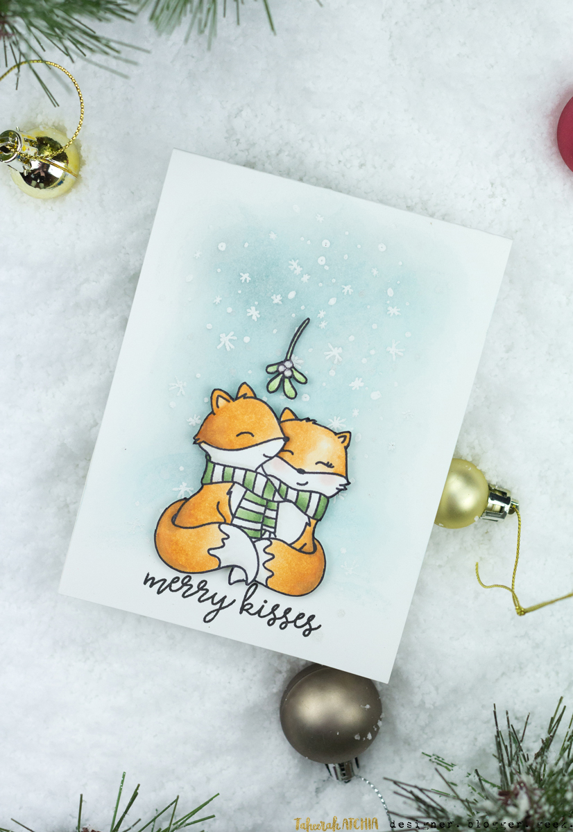 Merry Kisses Cute Foxes Mistletoe Christmas Card by Taheerah Atchia