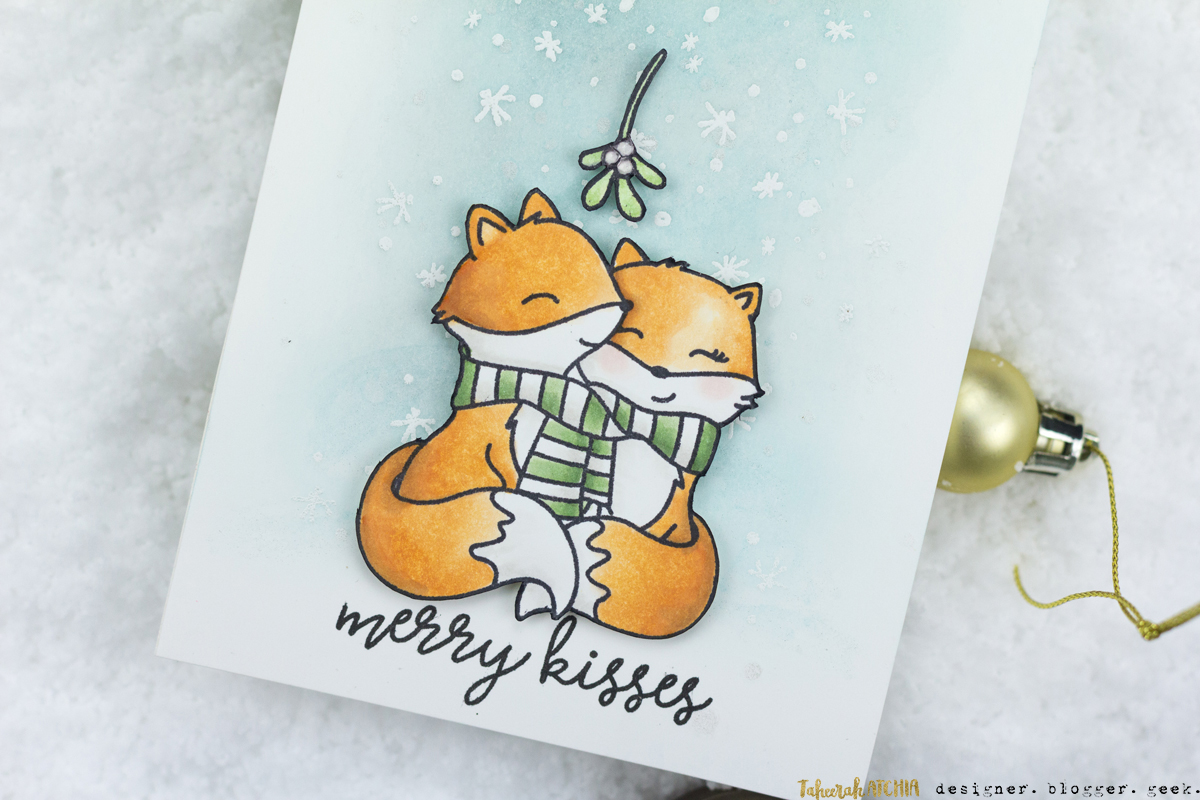 Merry Kisses Cute Foxes Mistletoe Christmas Card by Taheerah Atchia